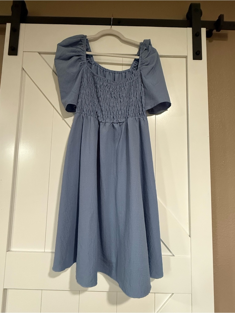 SHEIN Dusty Blue Smocked Puff Sleeve Midi Dress